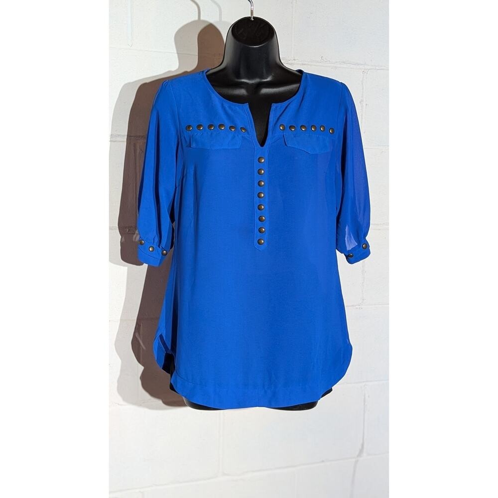 Angie Royal Blue Tunic Top with Bronze Studs, 3/4 Sleeves, V-Neck Blouse Small